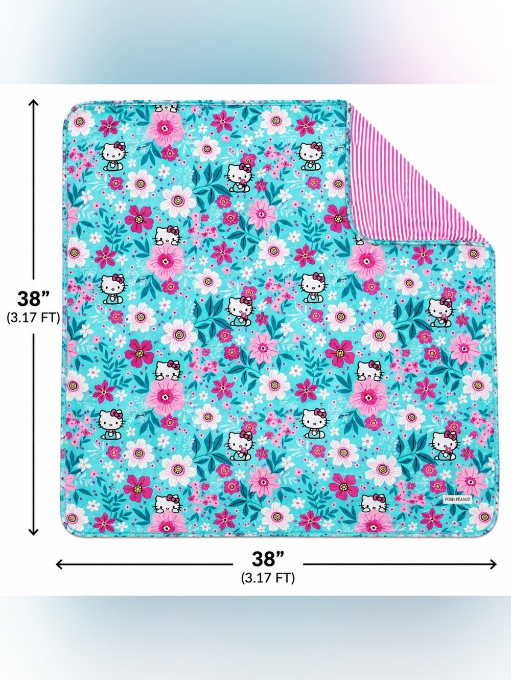 POSH PEANUT REVERSIBLE PATOO Hello Kitty Aqua Floral Blanket with Pink Stripe